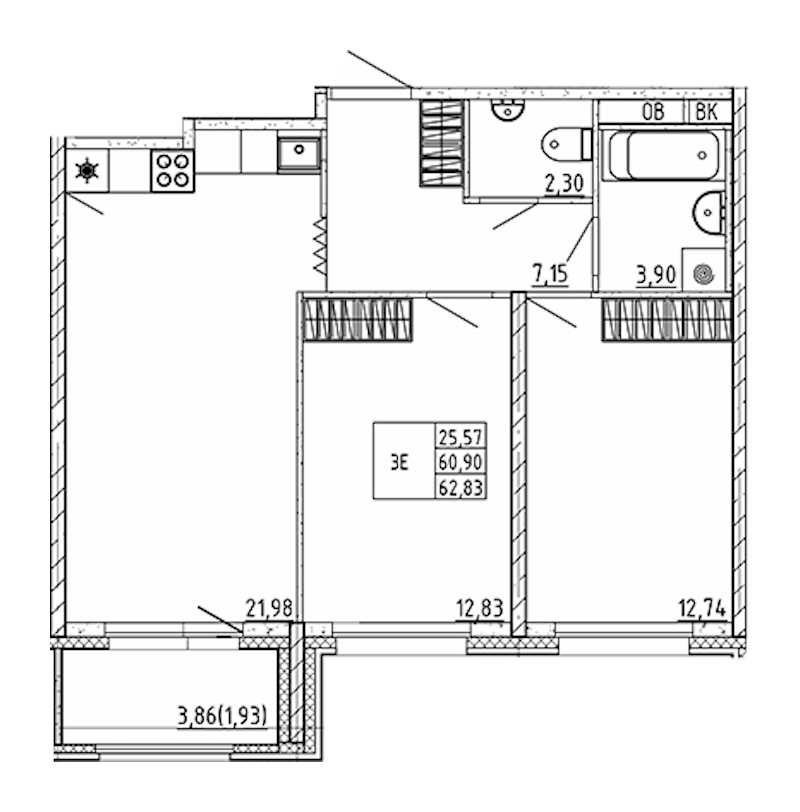 2-комнатная квартира 62.83 м², 2/12 эт., ЖК «UP! Квартал Воронцовский»